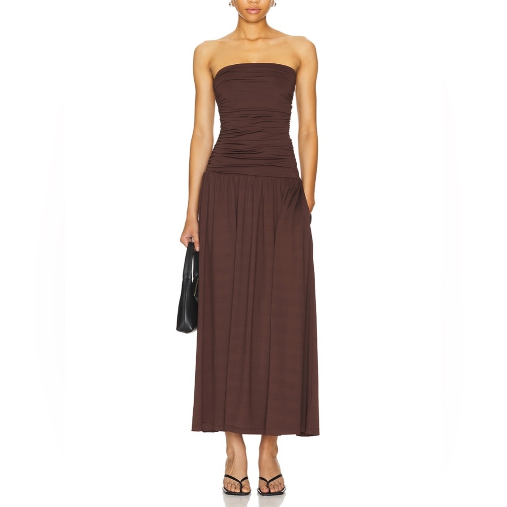 Strapless Brown Maxi Dress - Elegant Gathered Bodice